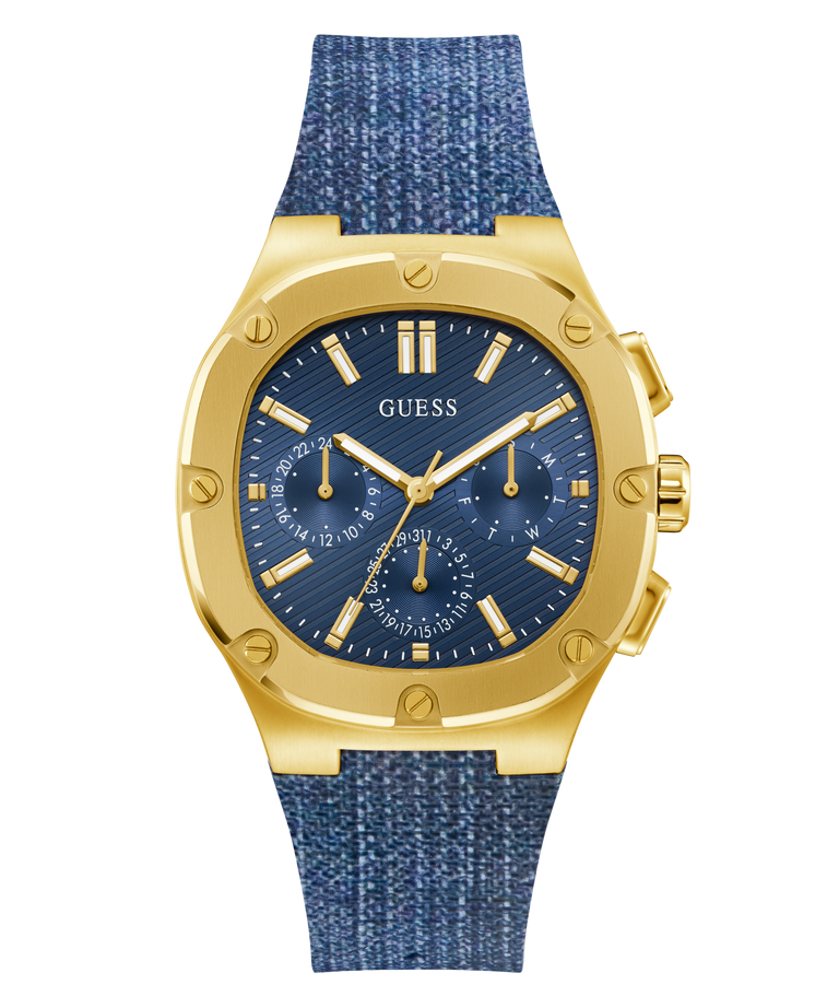 GUESS Mens Blue Gold Tone Multi-function Watch