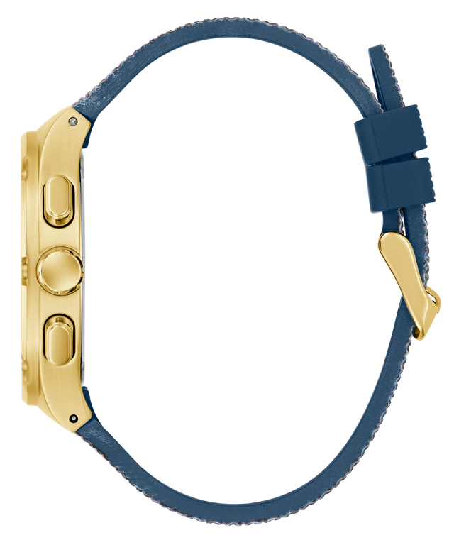 Watch with gold case and blue strap on a white background