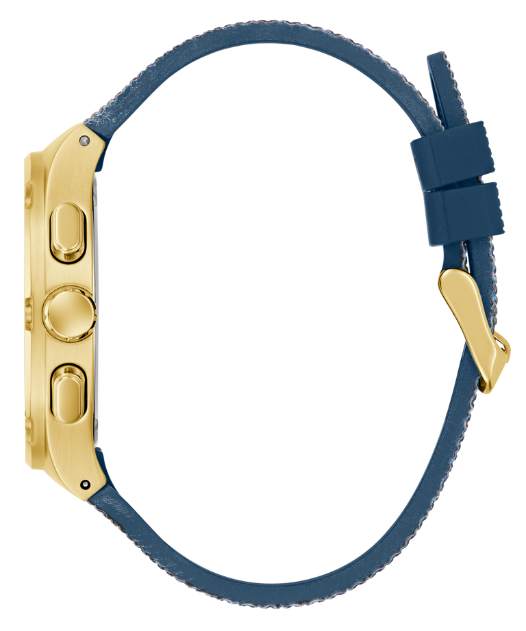 Watch with gold case and blue strap on a white background