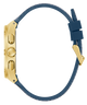 Watch with gold case and blue strap on a white background
