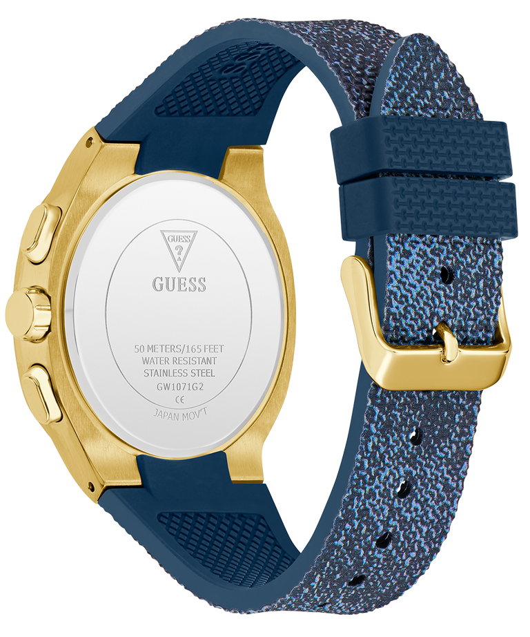Gold and blue watch with visible Guess branding on a white background