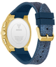 Gold and blue watch with visible Guess branding on a white background