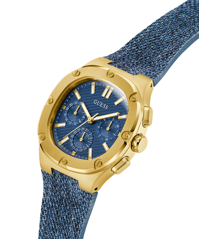 Gold watch with blue fabric strap on a white background lifestyle