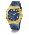 Gold and blue watch with a visible brand logo on a white background