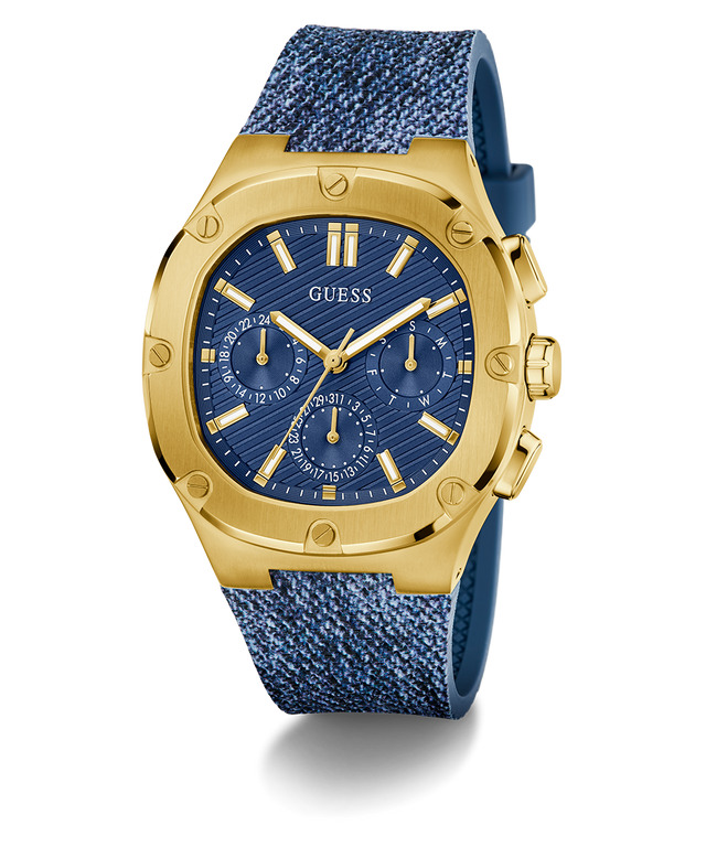 Gold and blue watch with a visible brand logo on a white background