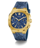 Gold and blue watch with a visible brand logo on a white background