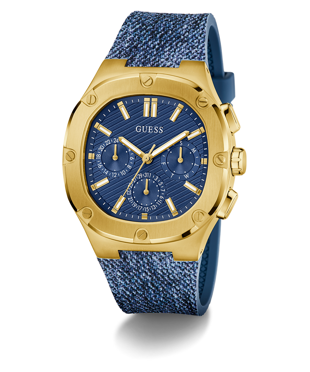Gold and blue watch with a visible brand logo on a white background