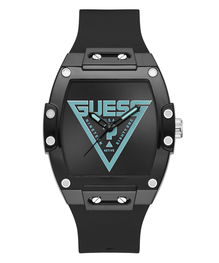 Black Guess watch with blue triangle logo on a white background