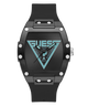 Black Guess watch with blue triangle logo on a white background