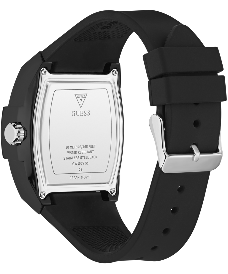 Black watch with silver case and visible brand logo on a white background