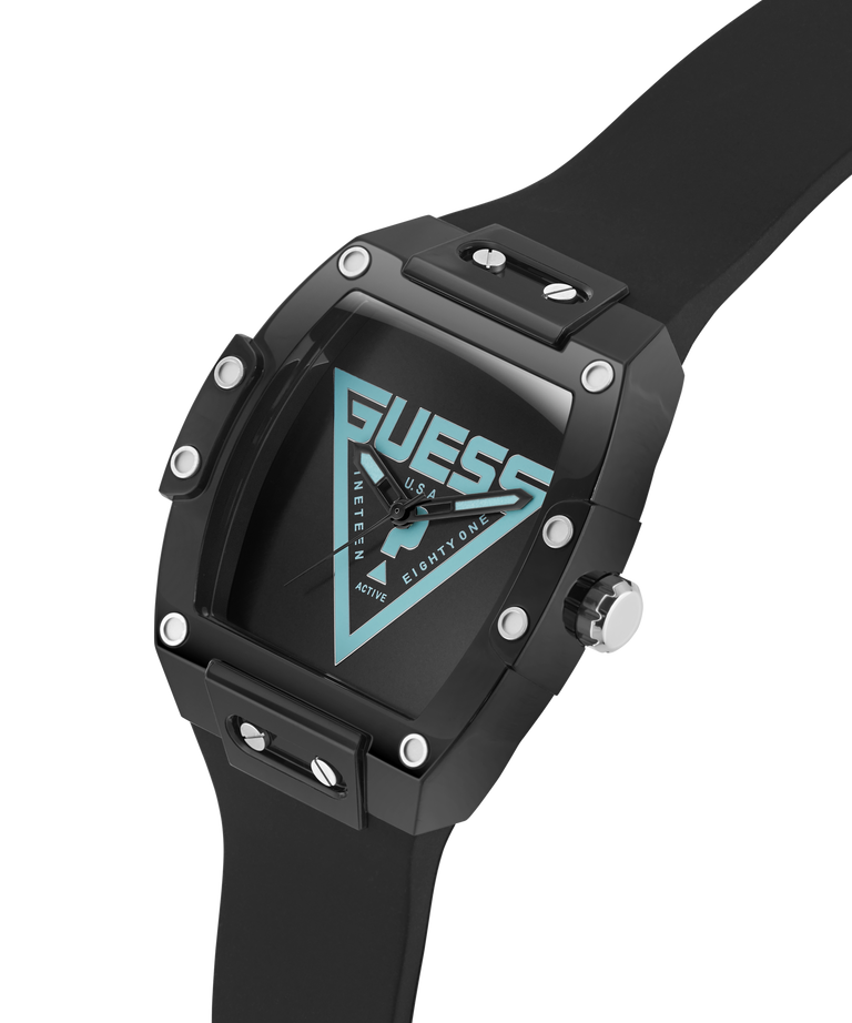 Black Guess watch with a clear background lifestyle