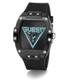 Black Guess watch with turquoise logo on a white background