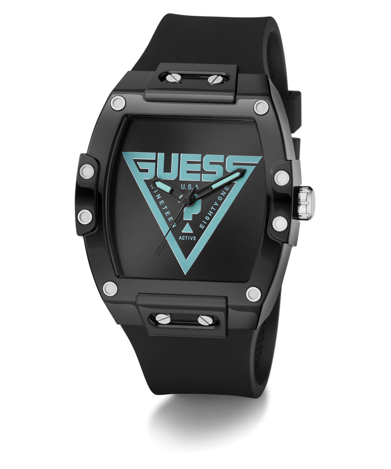 Black Guess watch with turquoise logo on a white background