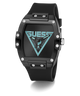 Black Guess watch with turquoise logo on a white background