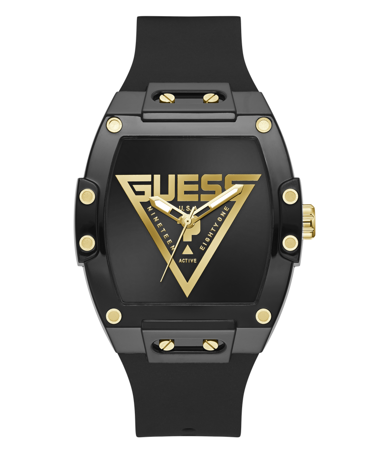 Black and gold watch with Guess logo on a white background