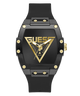 Black and gold watch with Guess logo on a white background
