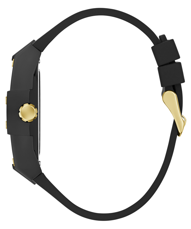 Black and gold GUESS Mens Black Analog Watch strap on a white background
