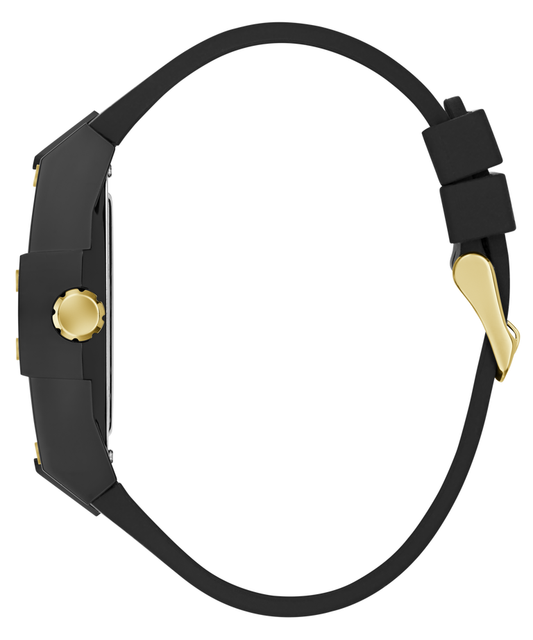 Black and gold GUESS Mens Black Analog Watch strap on a white background