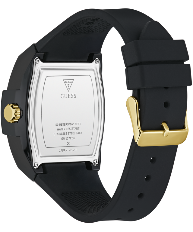 Black GUESS Mens Black Analog Watch with gold accents on a white background