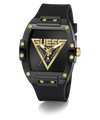 Black and gold watch with Guess logo on a white background