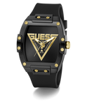 Black and gold watch with Guess logo on a white background