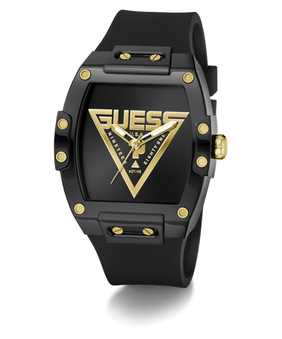 Black and gold watch with Guess logo on a white background