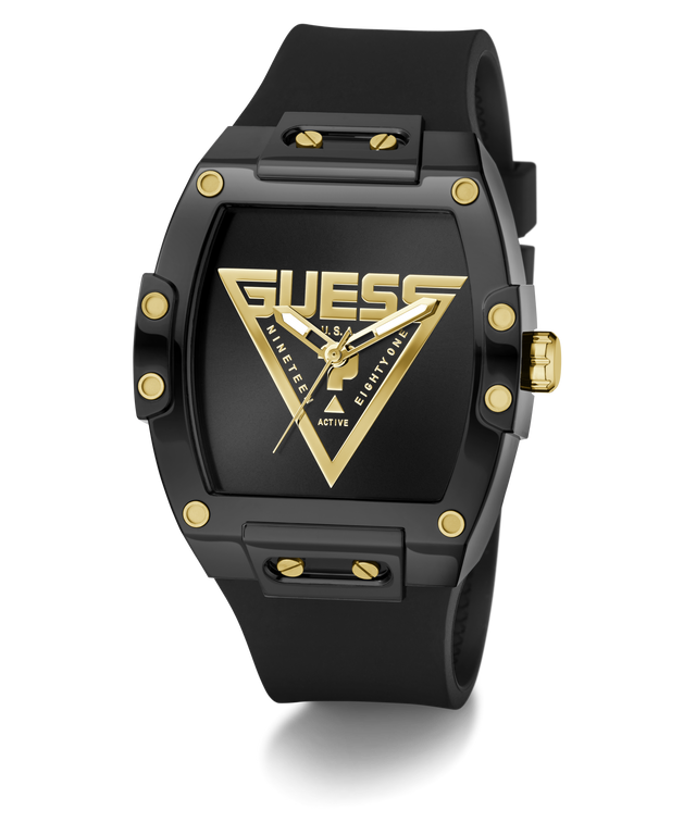 Black and gold watch with Guess logo on a white background