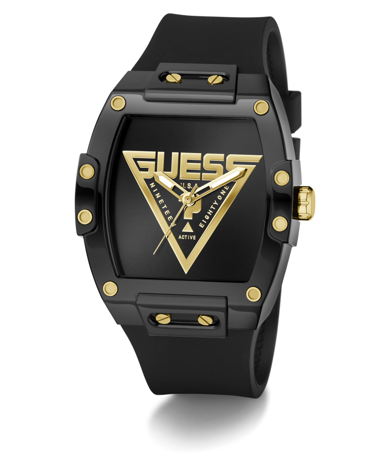 Black and gold watch with Guess logo on a white background