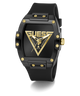Black and gold watch with Guess logo on a white background