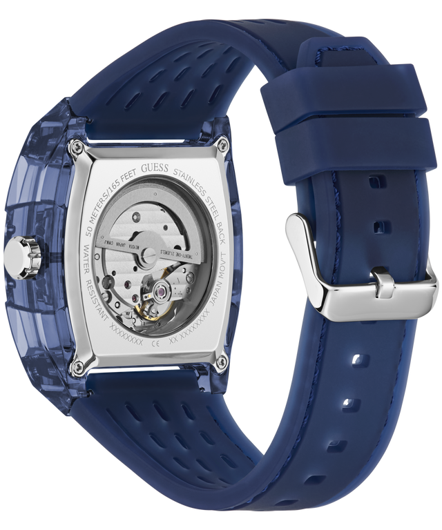 GUESS Mens Blue Analog Watch with transparent case on a white background