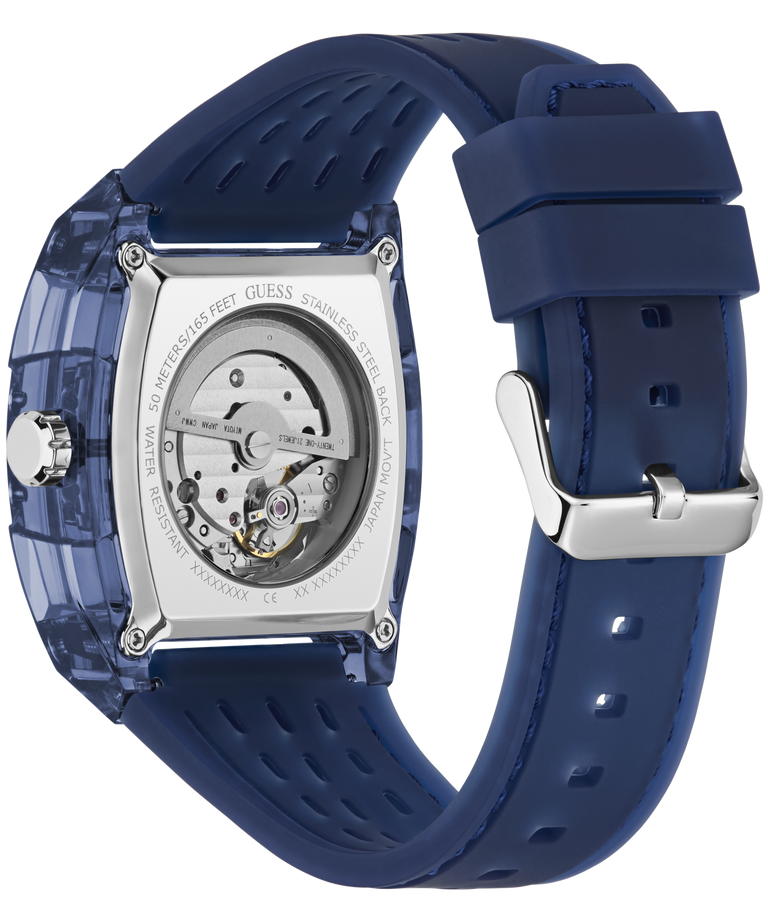 GUESS Mens Blue Analog Watch with transparent case on a white background
