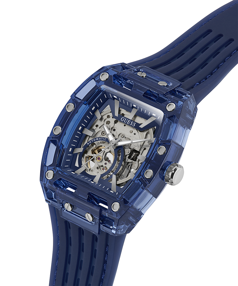 Blue GUESS Mens Blue Analog Watch with transparent case on a white background lifestyle