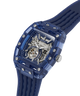 Blue GUESS Mens Blue Analog Watch with transparent case on a white background lifestyle
