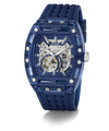 Blue GUESS Mens Blue Analog Watch with transparent case on a white background