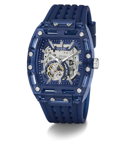 Blue GUESS Mens Blue Analog Watch with transparent case on a white background