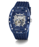 Blue GUESS Mens Blue Analog Watch with transparent case on a white background