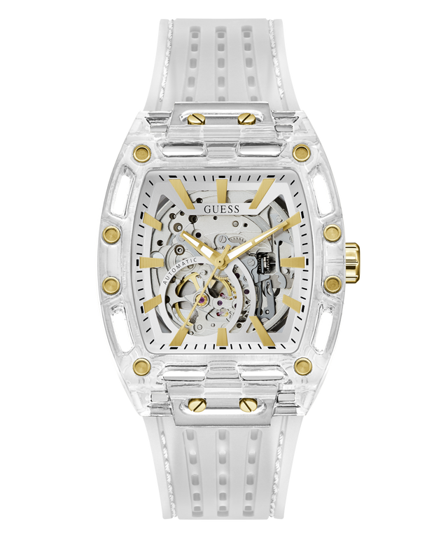 White and gold watch with visible brand logo on a white background