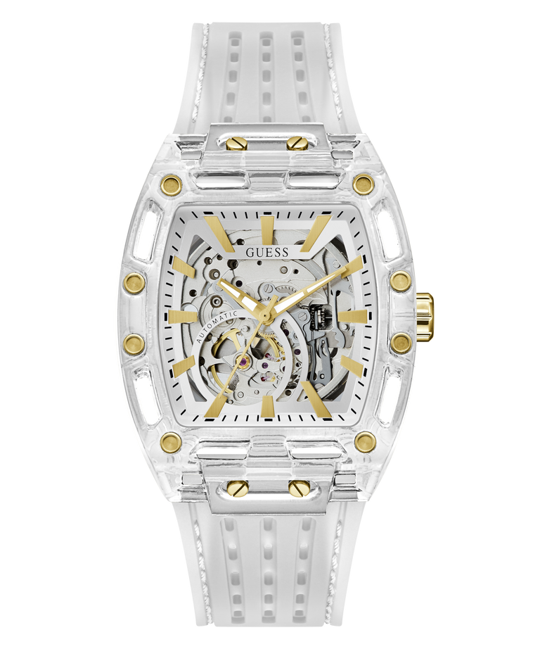 White and gold watch with visible brand logo on a white background