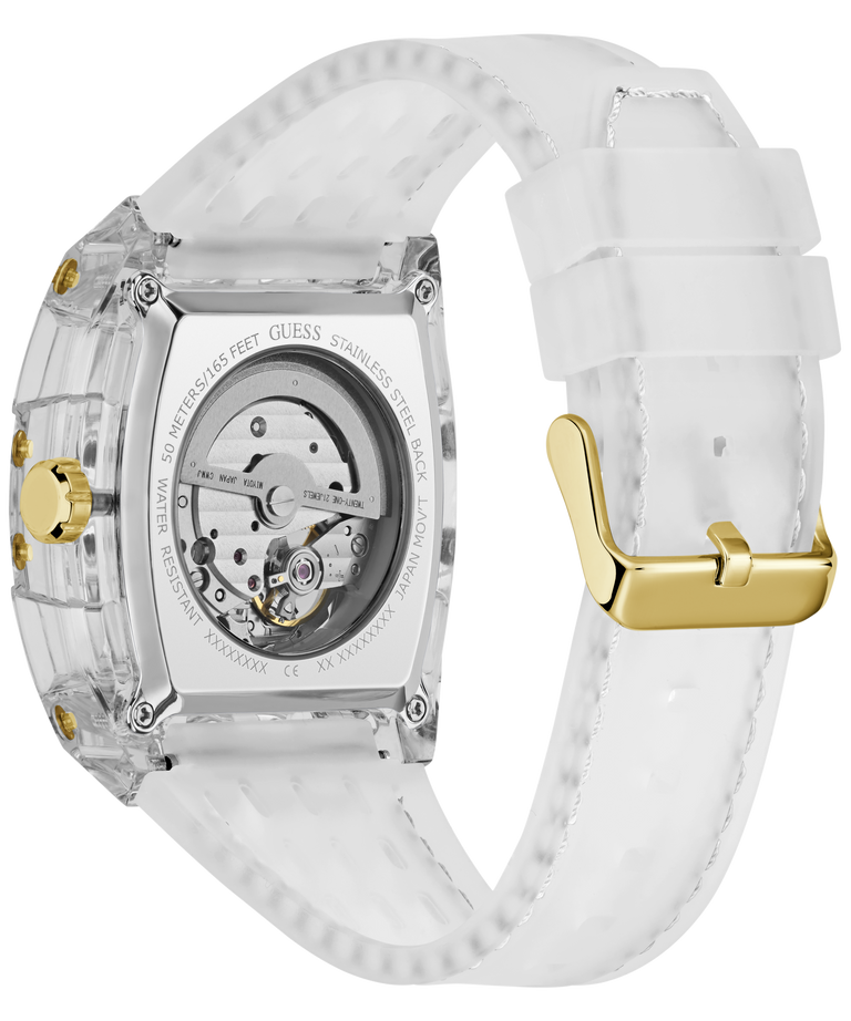 Watch with a white strap and gold accents on a transparent background
