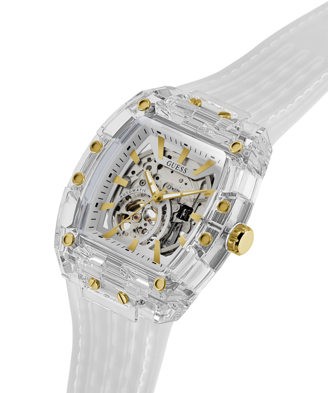 Transparent watch with gold accents on a white background lifestyle