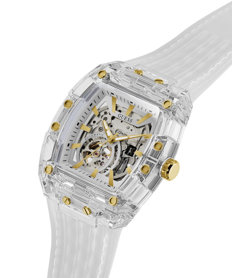 Transparent watch with gold accents on a white background lifestyle