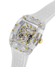 Transparent watch with gold accents on a white background lifestyle