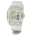 Transparent watch with gold accents on a white background