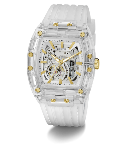 Transparent watch with gold accents on a white background