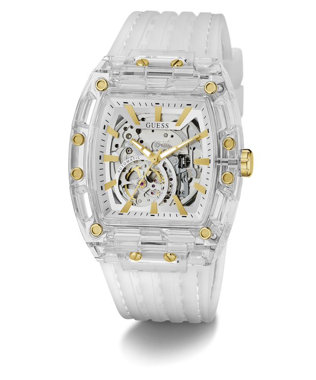 Transparent watch with gold accents on a white background