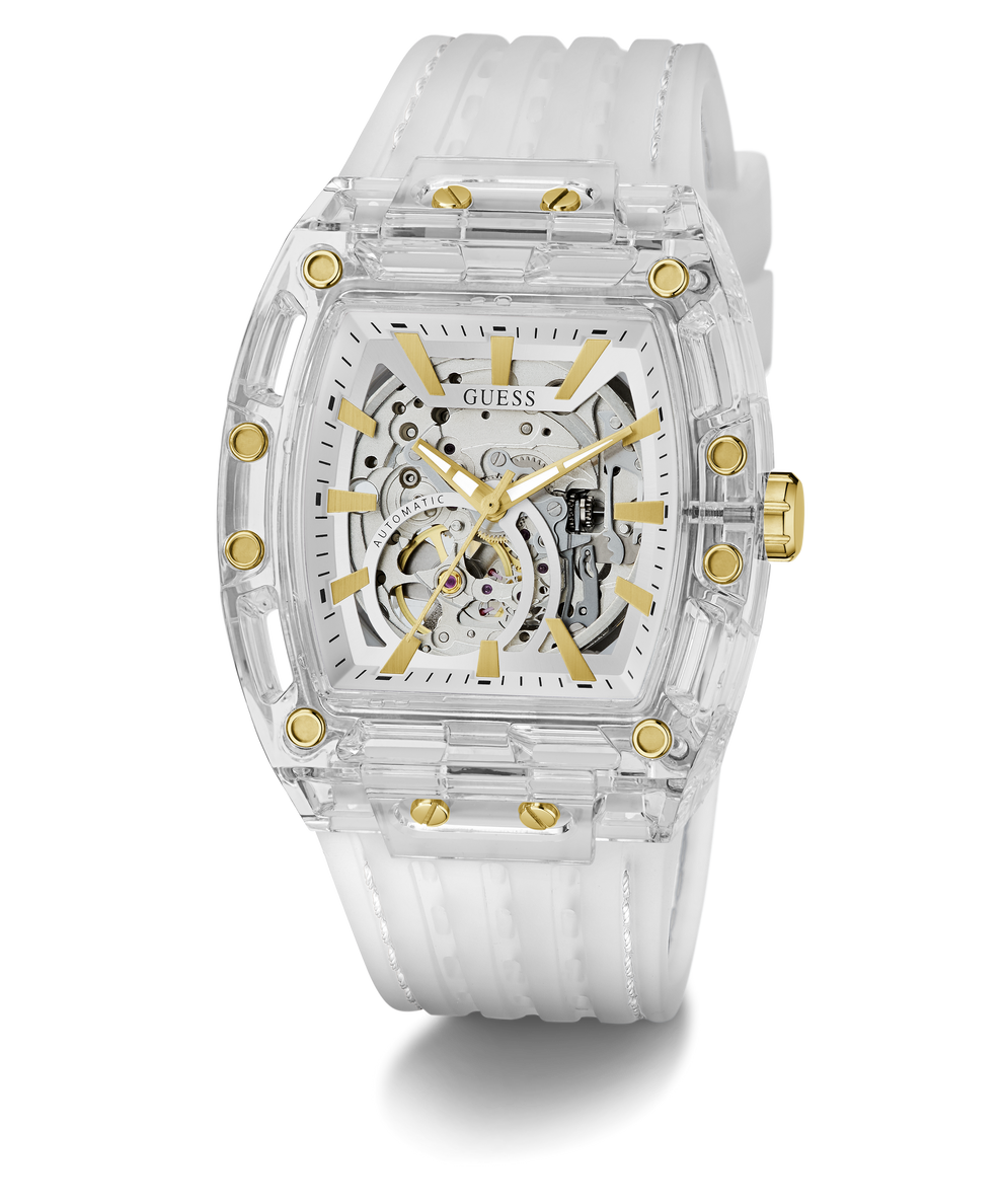 Transparent watch with gold accents on a white background