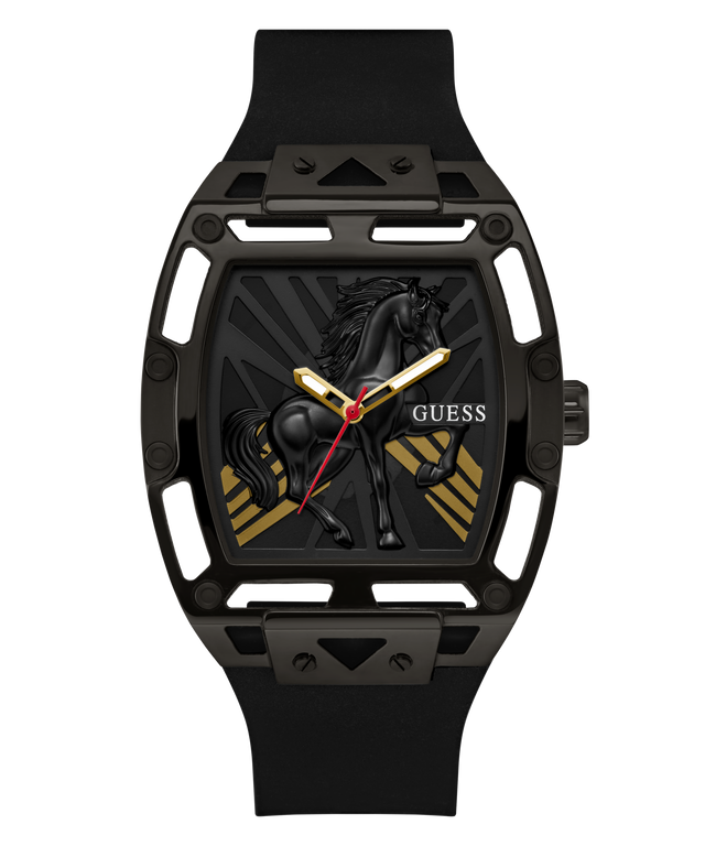 GUESS Mens Limited Edition Lunar New Year Black Analog Watch with horse design on a white background