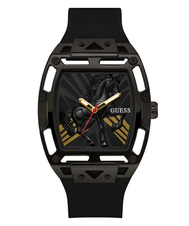 GUESS Mens Limited Edition Lunar New Year Black Analog Watch with horse design on a white background