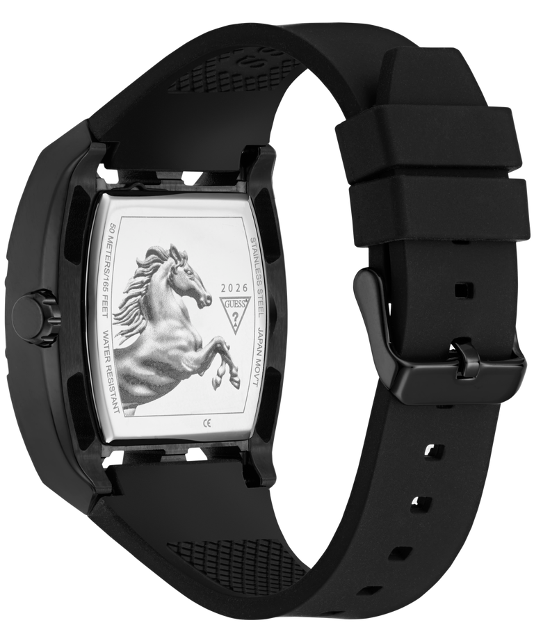GUESS Mens Limited Edition Lunar New Year Black Analog Watch with a horse emblem on the dial against a white background
