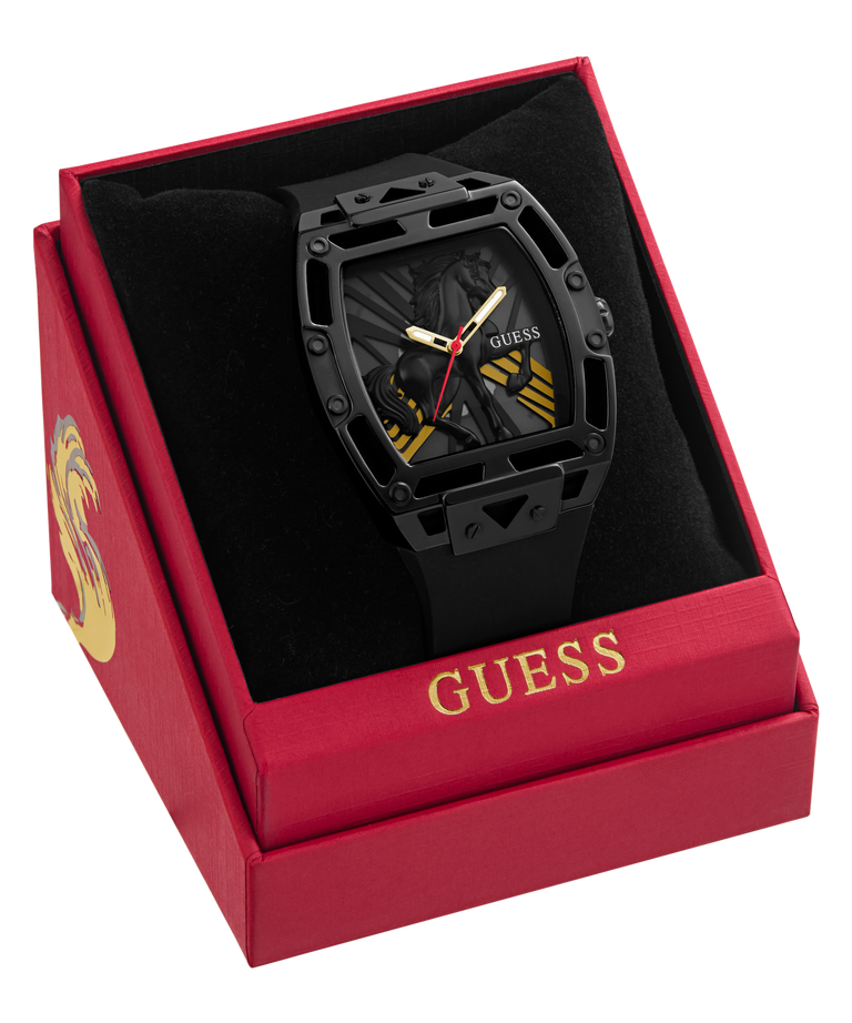 Black Guess GUESS Mens Limited Edition Lunar New Year Black Analog Watch in a red box with gold accents